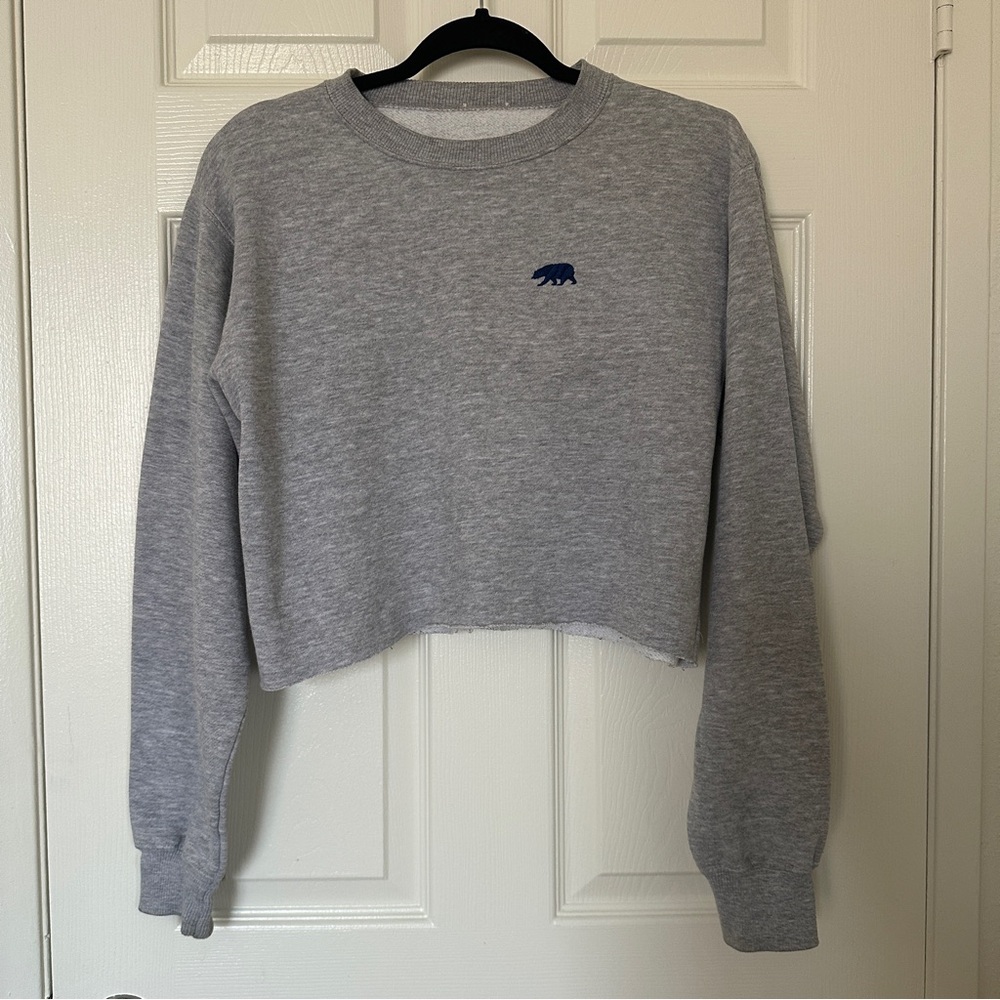 Brandy Melville Grey Cropped Sweatshirt Bear Embroidered Crewneck Raw Hem Y2K